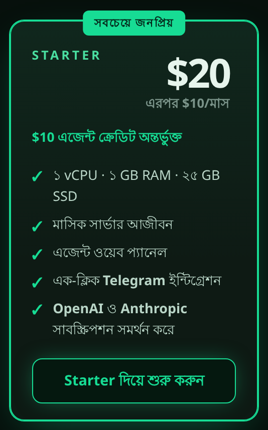 “Starter দিয়ে শুরু করুন” বোতাম সহ Starter প্ল্যান কার্ড