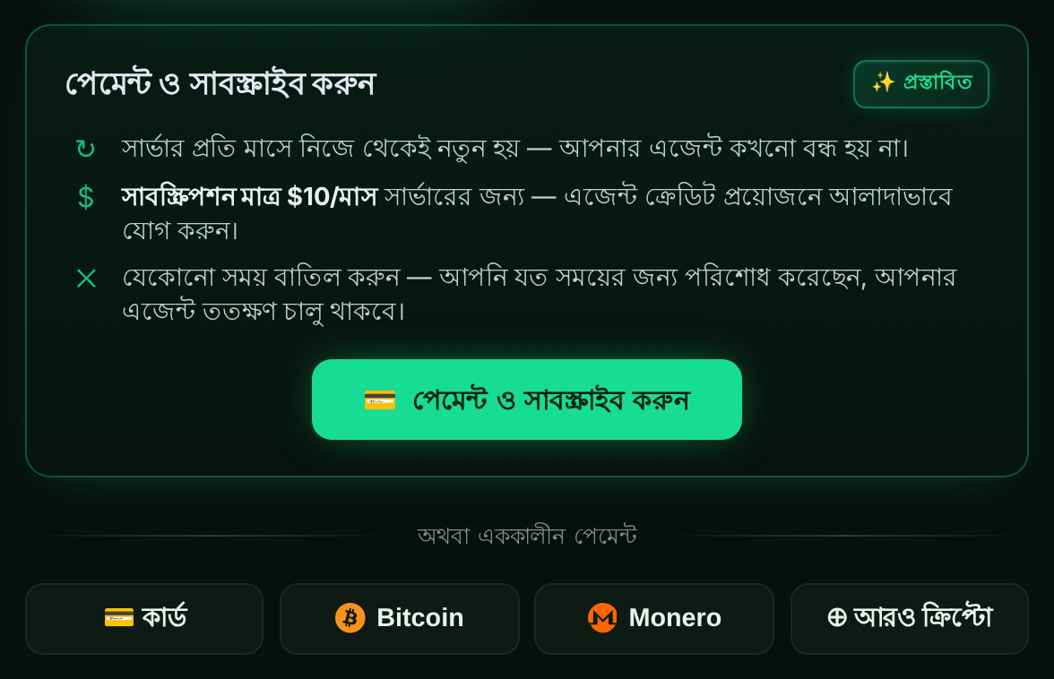 কার্ড ও ক্রিপ্টো বিকল্প সহ “পেমেন্ট ও সাবস্ক্রাইব করুন” প্যানেল