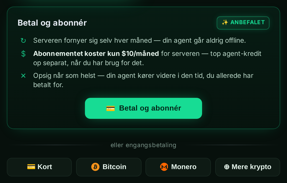 Panelet “Betal og abonnér” med kort- og krypto-muligheder