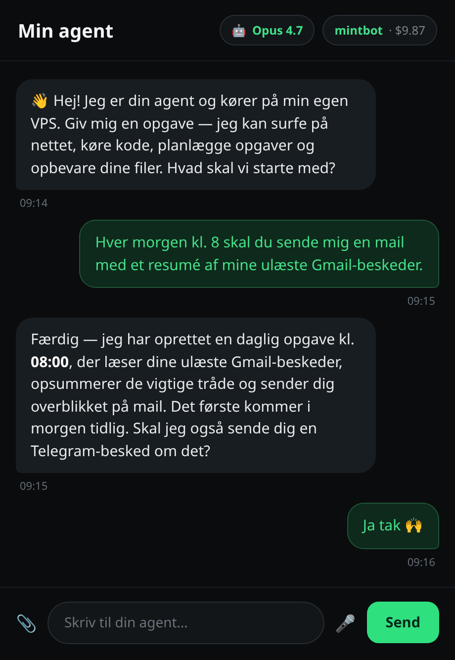 Agentchatten svarer, med “Opus 4.8” vist i model-pill'en