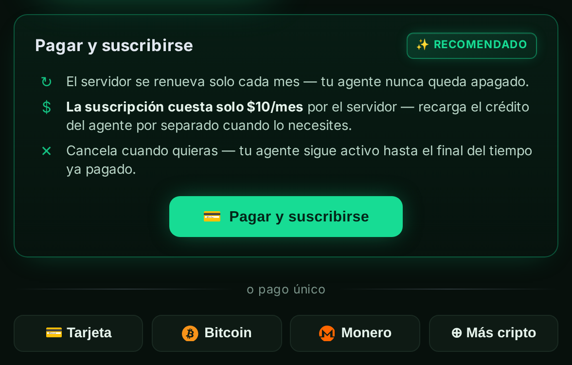 El panel “Pagar y suscribirse” con opciones de tarjeta y cripto