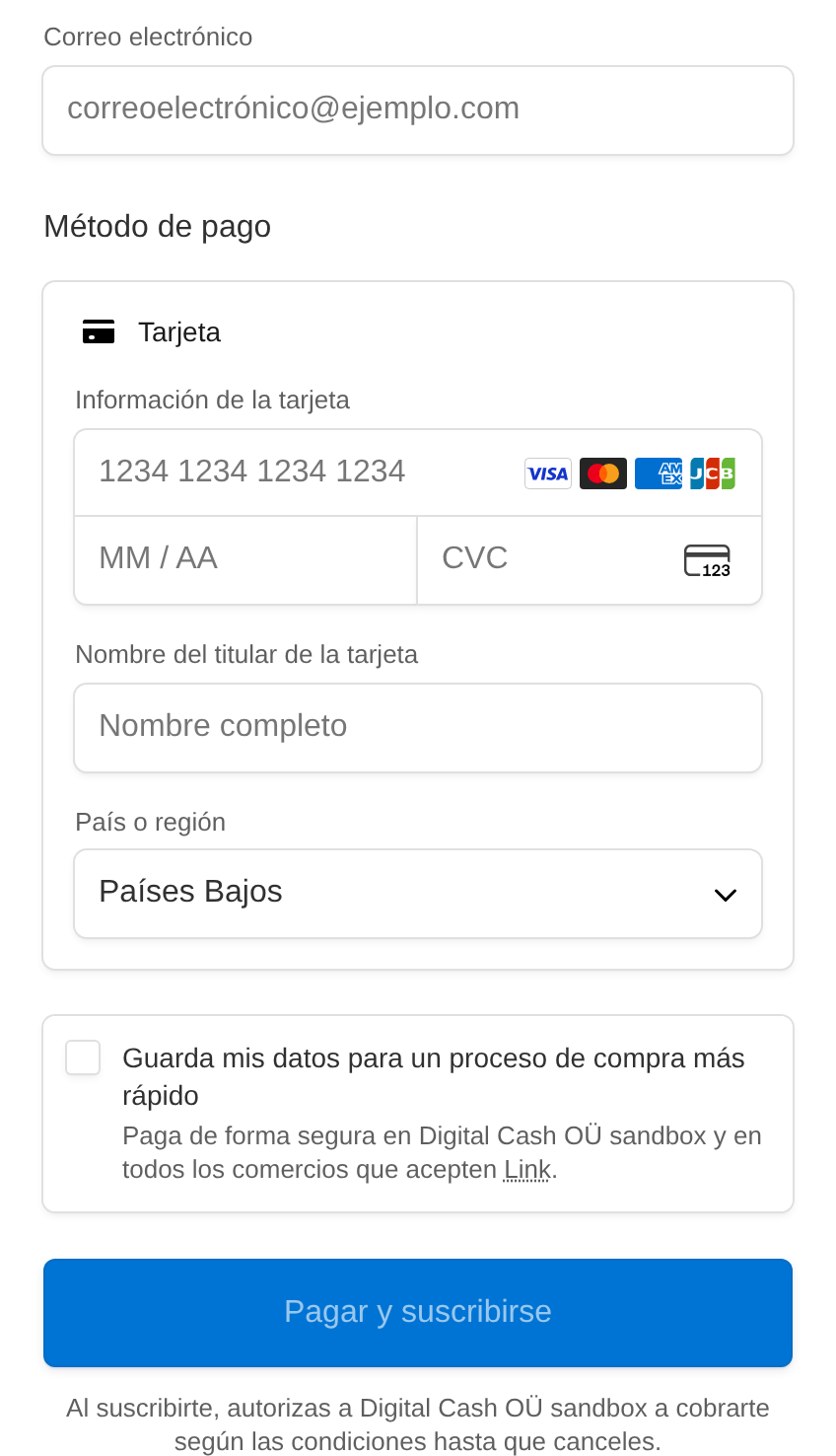 Formulario seguro de Stripe para introducir la tarjeta