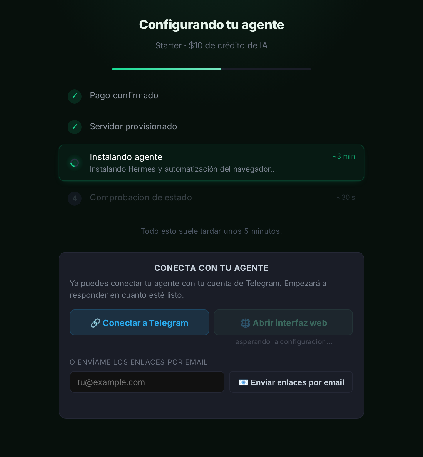 La pantalla de despliegue mostrando el progreso y un botón “Conectar a Telegram”