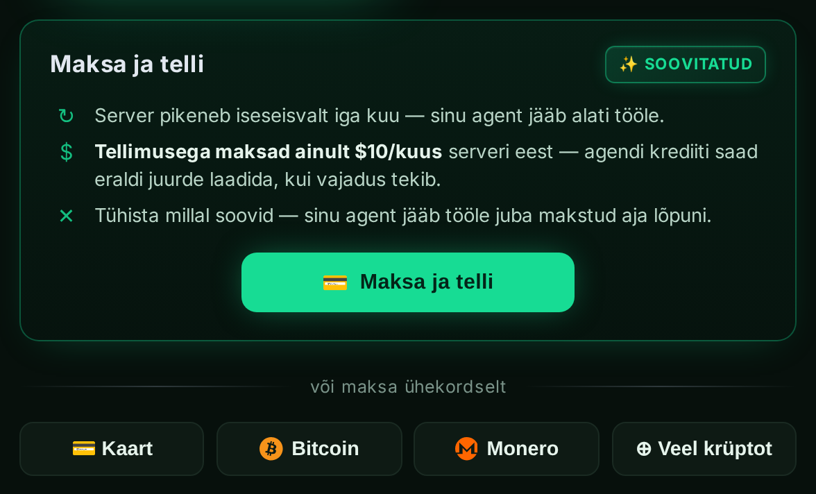 „Maksa ja telli“ paneel kaardi- ja krüptovalikutega