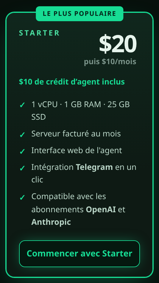 La carte du plan Starter avec un bouton “Commencer avec Starter”