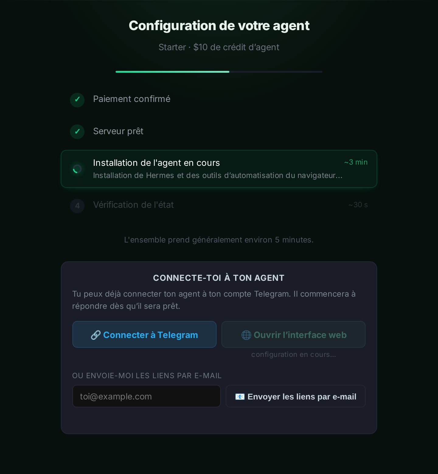 L’écran de déploiement montrant la progression et un bouton “Se connecter à Telegram”