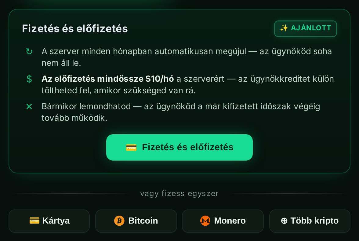 A “Fizetés és előfizetés” panel kártyás és kriptós opciókkal