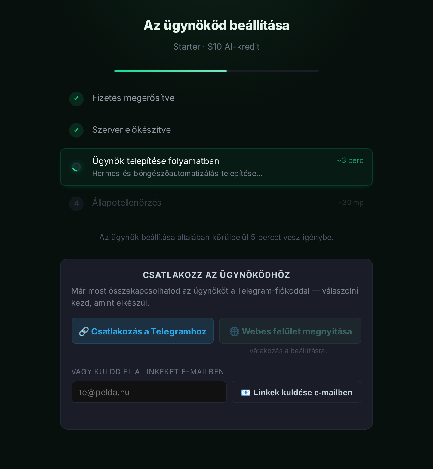 A telepítési képernyő a beállítás folyamatával és egy “Csatlakozás a Telegramhoz” gombbal