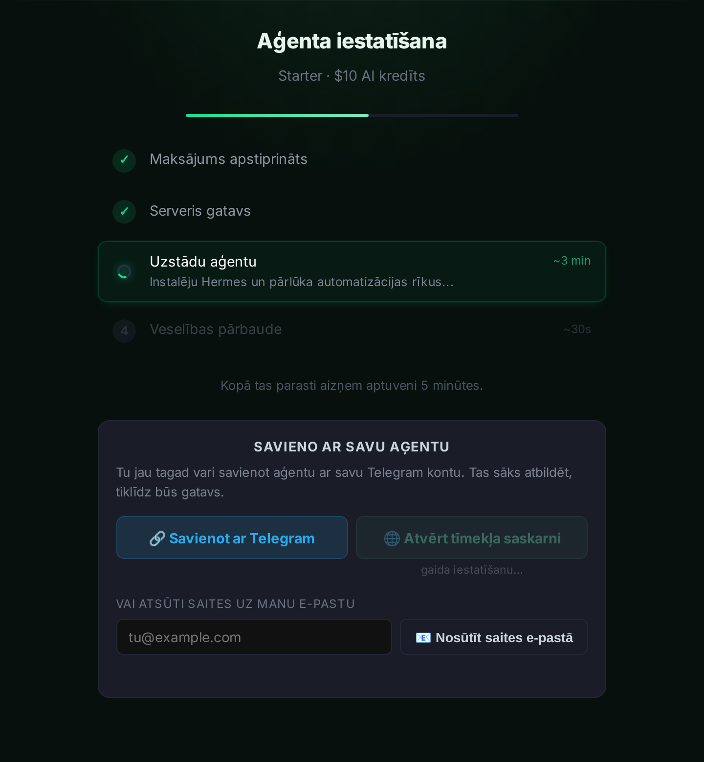 Izvietošanas ekrāns ar iestatīšanas progresu un “Savienot ar Telegram” pogu
