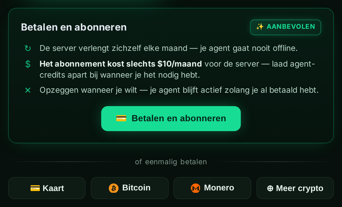 Het “Betalen en abonneren”-paneel met kaart- en crypto-opties