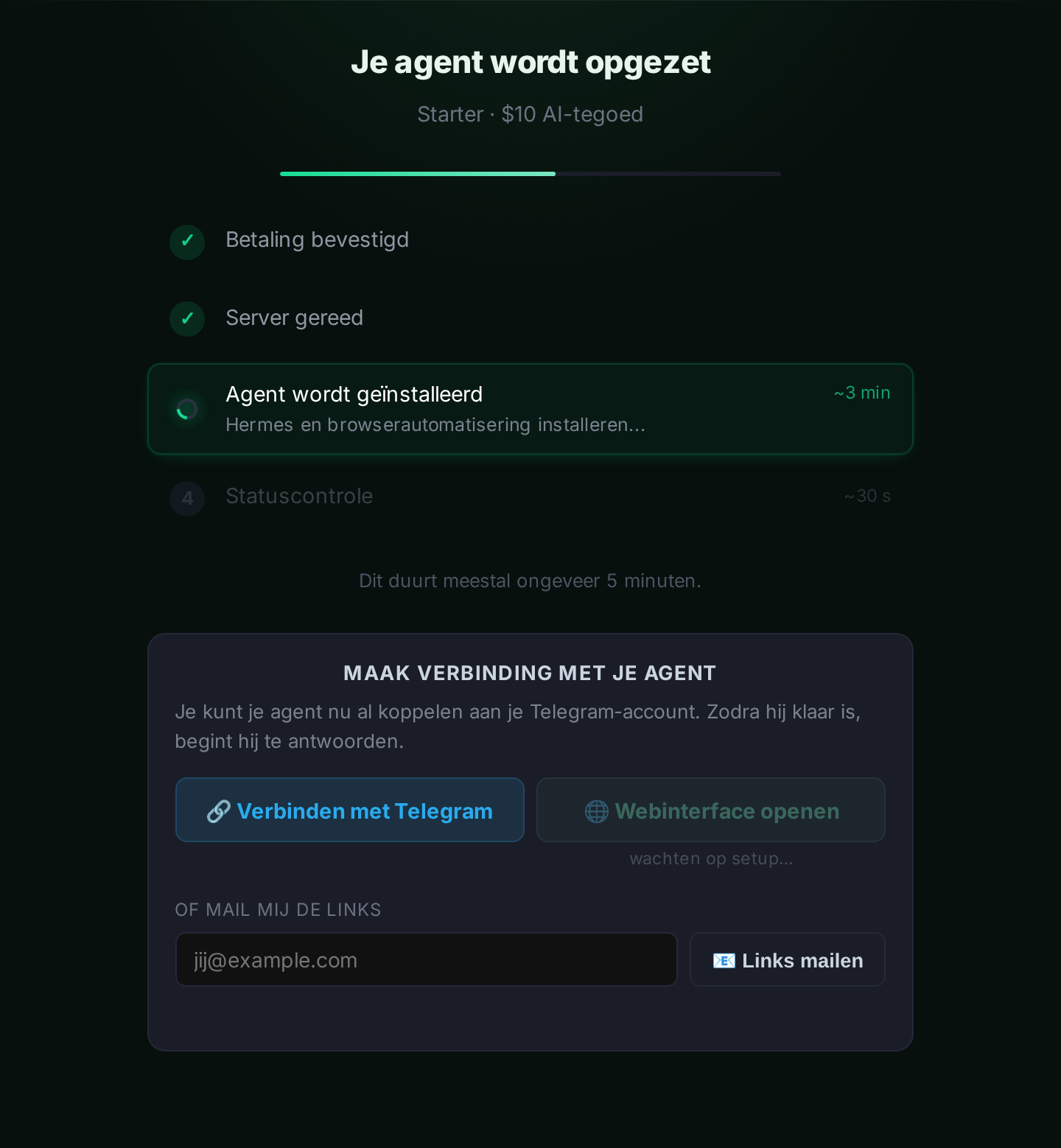 Het deploy-scherm met setupvoortgang en een knop “Verbinden met Telegram”