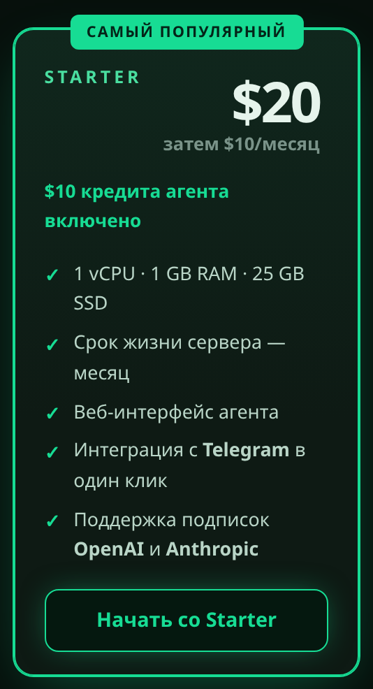 Карточка плана Starter с кнопкой “Начать со Starter”