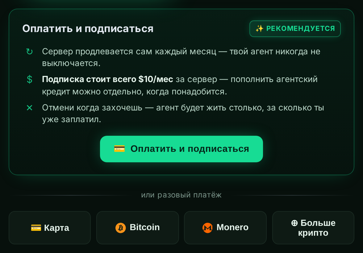 Панель “Оплатить и подписаться” с вариантами оплаты картой и криптовалютой