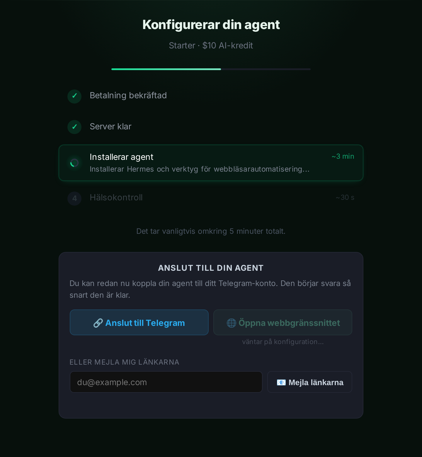 Deploy-skärmen som visar installationsförloppet och en “Anslut till Telegram”-knapp