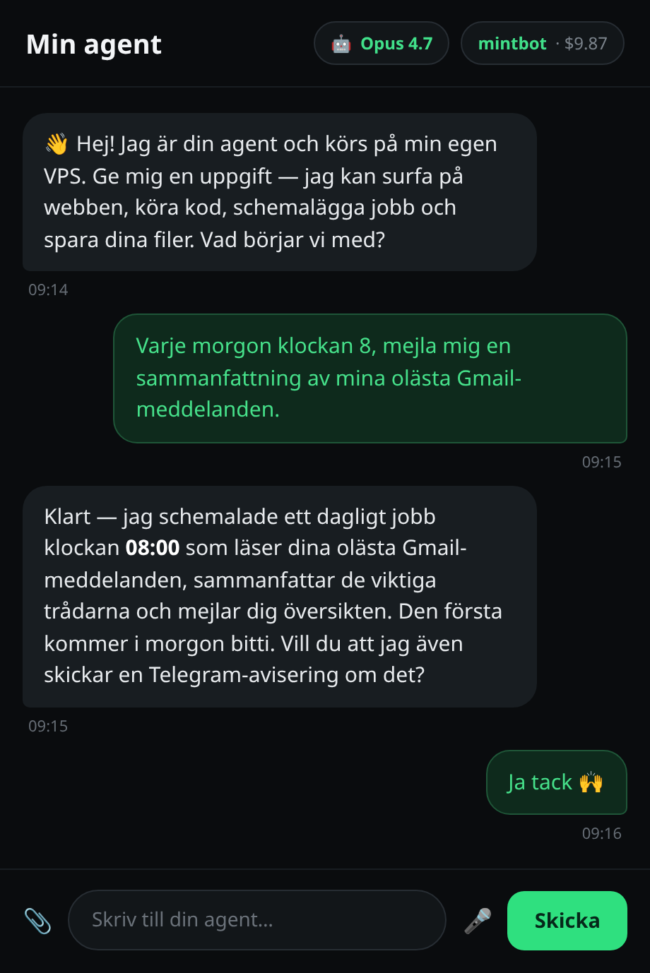 Agentchatten som svarar, med “Opus 4.8” i modell-pillret