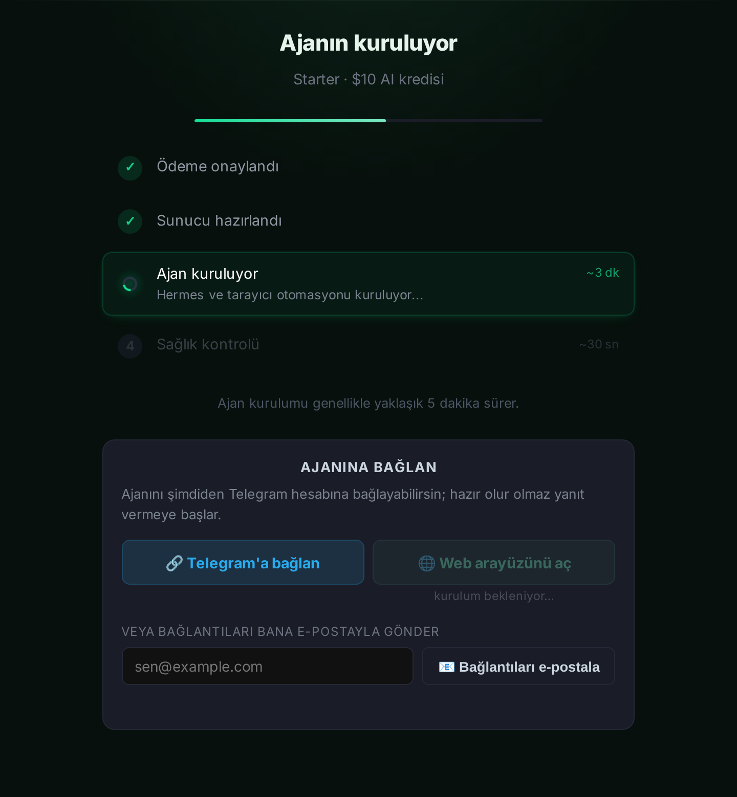 Kurulum ilerlemesini ve “Telegram'a bağlan” düğmesini gösteren deploy ekranı