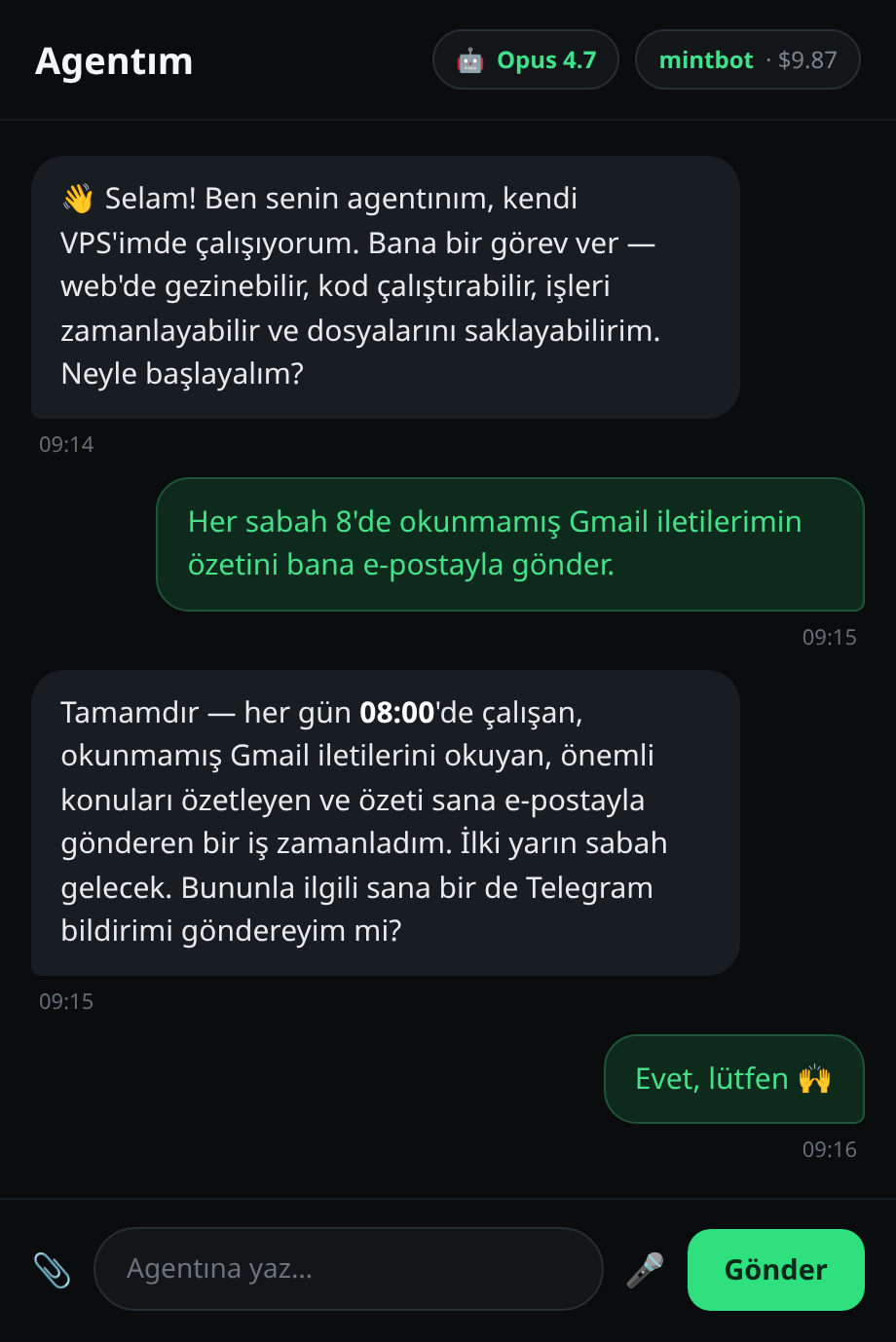 Model pill içinde “Opus 4.8” görünen, yanıt veren agent sohbeti
