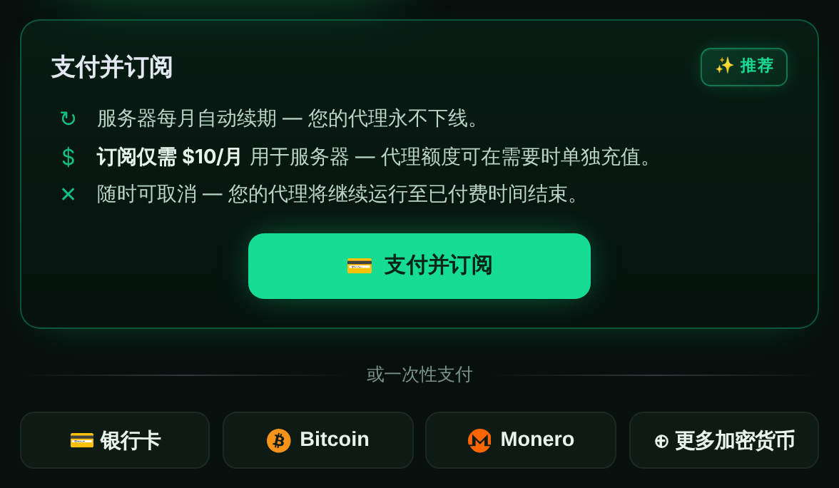 带有银行卡和加密货币选项的“支付并订阅”面板